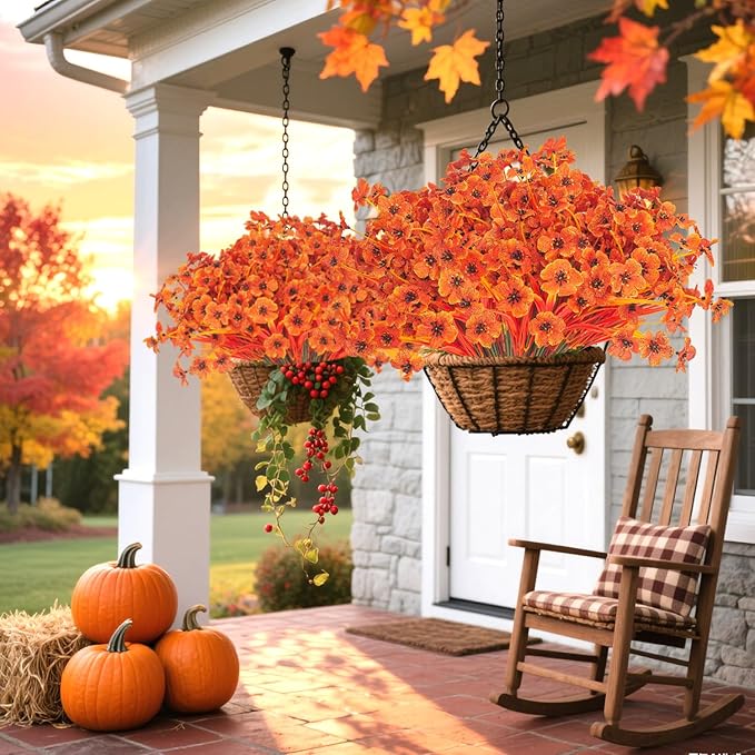 Artificial Fall Flowers Outdoor - Autumn Realistic Faux Plant, Weather-Resistant UV Protection, Perfect for Porch, Patio, Garden, Window Box, and Planters Decor(Fall Orange)