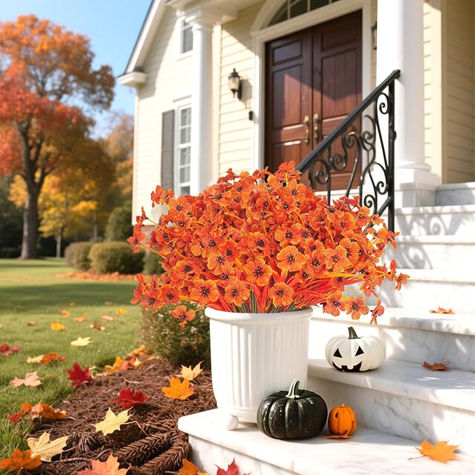 Artificial Fall Flowers Outdoor - Autumn Realistic Faux Plant, Weather-Resistant UV Protection, Perfect for Porch, Patio, Garden, Window Box, and Planters Decor(Fall Orange)