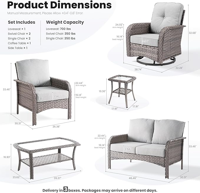 ovios 7 Pieces Patio Furniture Set, Outdoor Wicker Sofa with Swivel Chairs, Coffee Table, All Weather High Back Rattan Loveseat Couch with Comfy Cushions, Grey