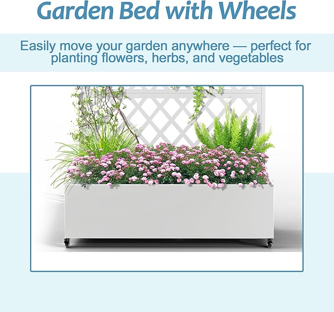 Metal Planter Box with Trellis & Wheels, Raised Garden Bed with Privacy Screen, Outdoor Standing Flower Beds with Drainage Hole for Climbing Plants, Vine, 47.2''L×15.7''W×70.9''H, White