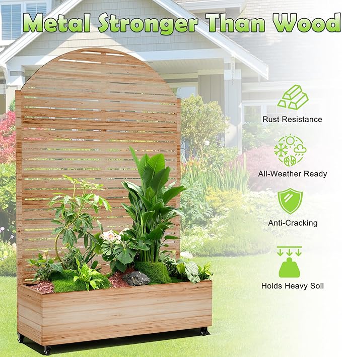 15.7"×70.9"×47.2" Metal Raised Garden Bed with Trellis and Wheels - Tall Trellis Planter Box for Climbing Plants, Vegetables & Vines - Outdoor Privacy Planters for Patio (Acacia Wood Grain-Louvered)