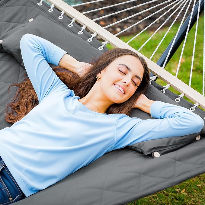 ANOW Double Hammock with 12FT Heavy Duty Steel Stand Included, 2 Person Hammock with Stand for Outdoors, 450 LBS Weight Capacity, Gray
