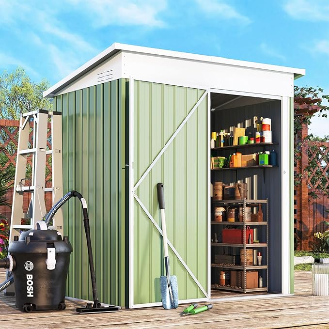 AECOJOY 5' x 3' Outdoor Storage Shed, Small 3x5 Metal Sheds & Outdoor Storage Clearance with Lockable Door, Utility and Tool Storage Cabinet Garden Shed for Backyard, Patio, Outside use in Green