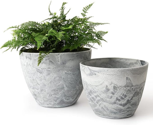 LA JOLIE MUSE Flower Pots Outdoor Garden Planters, Indoor Plant Pots with Drainage Holes, Plastic, Marble Pattern Grey, Set 2 (8.6 + 7.5 Inch)