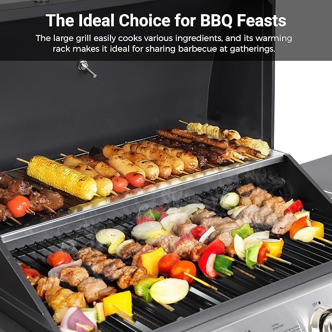 4-Burner Propane BBQ Grill, Stainless Steel Outdoor Gas Grill with 40,000 BTU, Porcelain-Coated Grates and Foldable Side Shelves, Perfect for Patio & Backyard Cooking