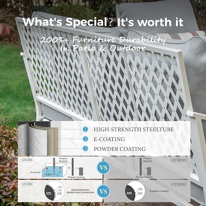 6 Piece Patio Furniture Set, 4 x Fixed Chair, 1 x 3-Seat Sofa with Marbling Coffee Table, 7 Seats Outdoor Conversation Set for Lawn Garden Backyard, Light Gray