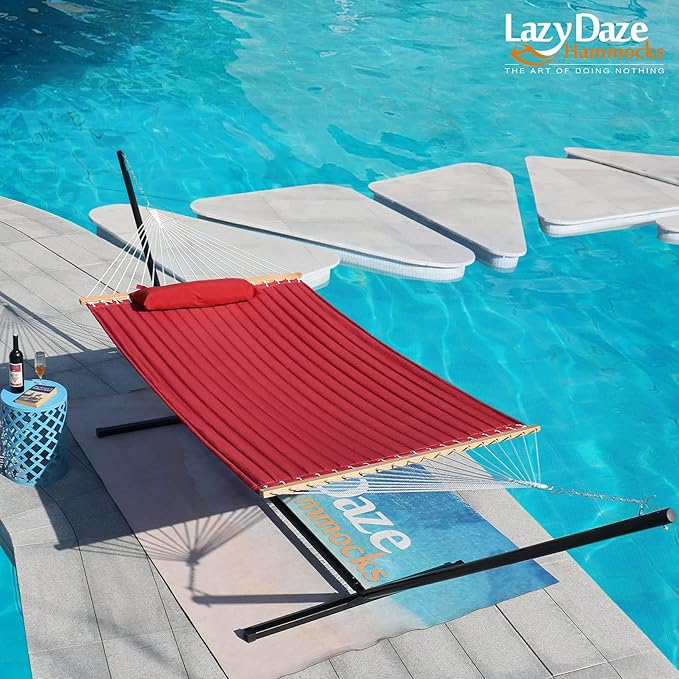 Lazy Daze Hammocks 12 FT Double Quilted Fabric Hammock with Spreader Bars and Detachable Pillow, 2 Person Hammock, 450lbs Weight Capacity, Burgundy