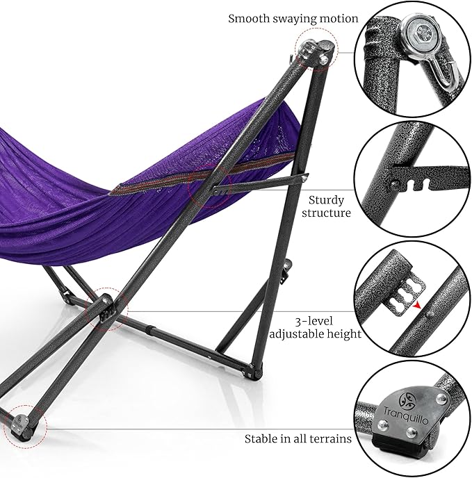 Tranquillo Universal Double Hammock with Stand Included for 2 Persons/Foldable Hammock Stand 600 lbs Capacity Portable Case - Inhouse, Outdoor, Camping, Purple
