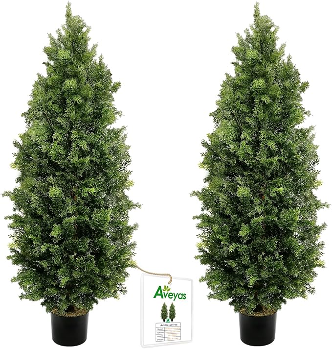 Aveyas 5ft Artificial Cedar Topiary Trees for Outdoor Front Porch Door, 5 Feet Faux Potted Plants Evergreen Fake Pine Cypress Tree for Outside Home Decor (5 ft Tall) - Set of 2 Pack