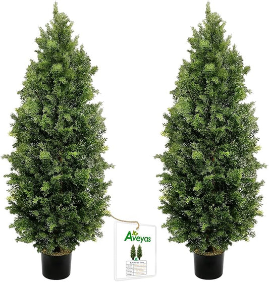 Aveyas 5ft Artificial Cedar Topiary Trees for Outdoor Front Porch Door, 5 Feet Faux Potted Plants Evergreen Fake Pine Cypress Tree for Outside Home Decor (5 ft Tall) - Set of 2 Pack