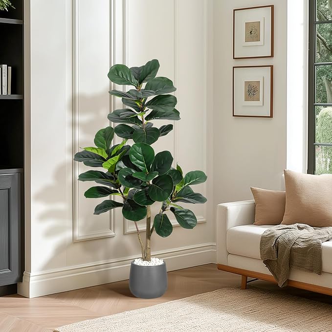 4FT Fiddle Leaf Fig Tree Artificial with 48 Leaves - Realistic Faux Ficus Lyrata Trees in 7.8" Grey Planter Pot, Indoor Fake Floor Plants for Home Office Living Room Decor, Housewarming Gift