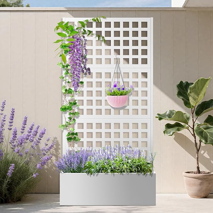Metal Planter Box with Trellis, Planter Box with Privacy Screen, Privacy Trellis Outdoor for Climbing Plants with Drainage Holes, Raised Garden Bed for Vegetables