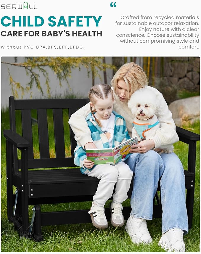 SERWALL Outdoor Glider Bench Set of 2, HDPE Weather-Resistant Swinging Bench for Backyard Garden Porch, Black