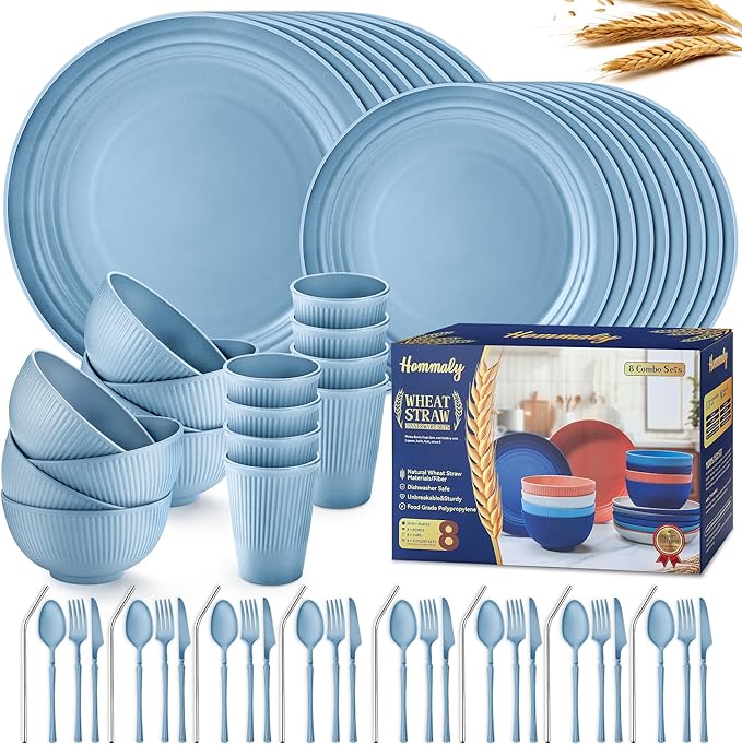 Wheat Straw Dinnerware Sets,64-Piece Plates and Bowls Sets for 8-Unbreakable,Reusable Plastic Dish Set-Dinner Plate/Dessert Plate/Cereal Bowl/Cup/Utensils-Microwavable Dishwasher Safe 64P-Blue