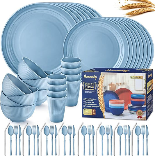 Wheat Straw Dinnerware Sets,64-Piece Plates and Bowls Sets for 8-Unbreakable,Reusable Plastic Dish Set-Dinner Plate/Dessert Plate/Cereal Bowl/Cup/Utensils-Microwavable Dishwasher Safe 64P-Blue