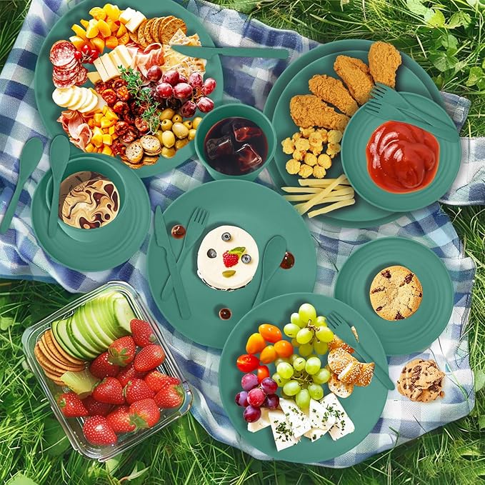 Wrova 64-Piece Service for 8 Dinnerware Set - Unbreakable Wheat Straw Dinnerware sets of 64 - Dinner plates/Snack plates/Cereal bowls/Drinking Cups/Cutlery for Outdoor camping and indoors.Green