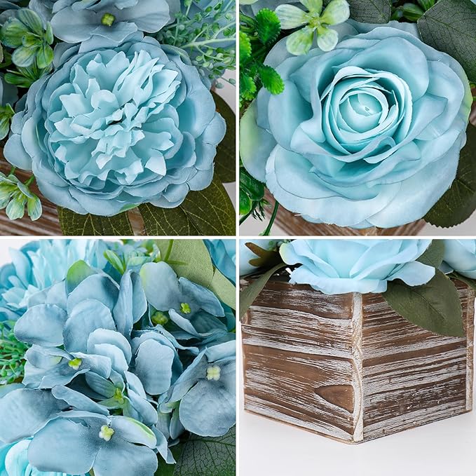DILATATA Flower Arrangement with Wooden Vase 8" Artificial Flowers in Pot - Fake Flowers Roses Peonies Hydrangeas in Wooden Vase Potted Flower Centerpieces for Table Decor Living Room - Dusty Blue
