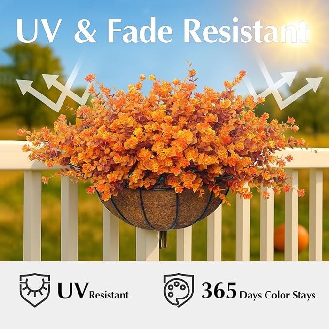 Artificial Mums for Outdoors, 12 Bundles Faux Mums for Fall Planters,Uv Resistant Eucalyptus Artificial Fake Flowers Plants, Realistic Fall Decor for Porch, Patio, Yard (Fall Stems)