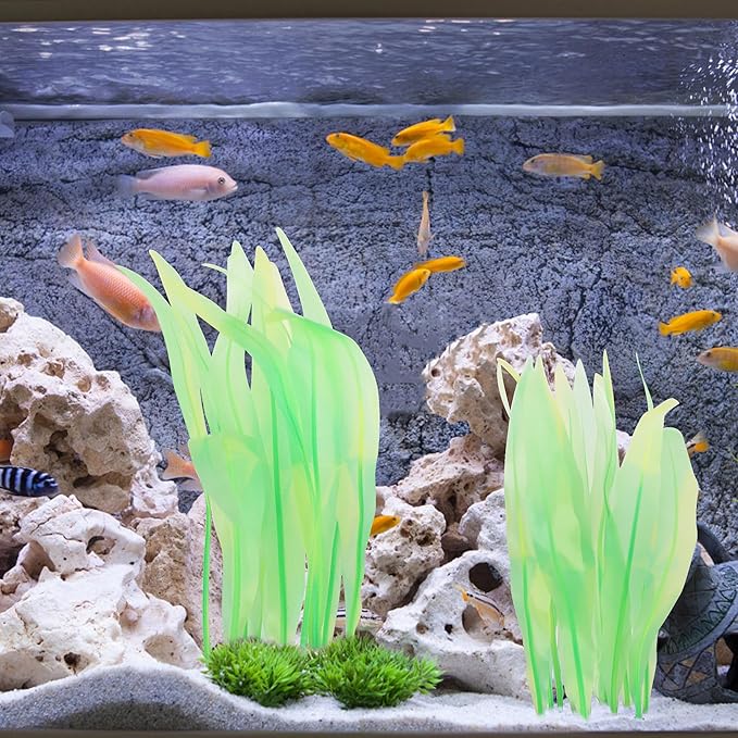 Kaiyuan Dynasty 2pc Artificial Fish Tank Plants Aquarium Decoration Plants Silicone Glowing Kelp Ornament Fish Tank Decor Aquarium Plant Aquatic Water Grass,7inch,Green