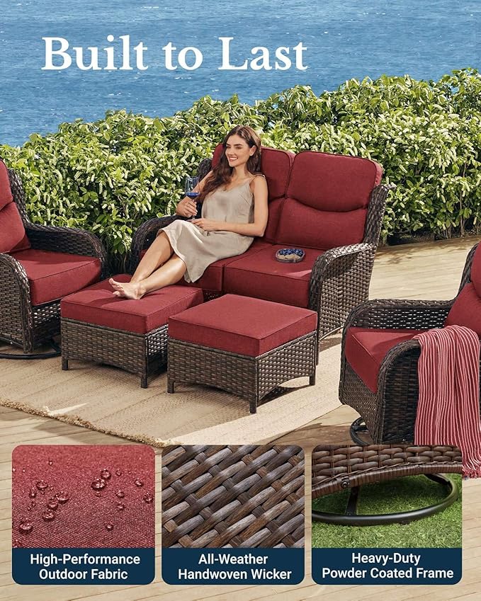 HILLGA Luxury Patio Furniture Set with 6-inch Thick Cushion, Outdoor Loveseat and High Back Swivel Rocker Patio Chairs, 6PCS Wicker Conversation Set for Deck Yard and Poolside, Burgundy (V2)