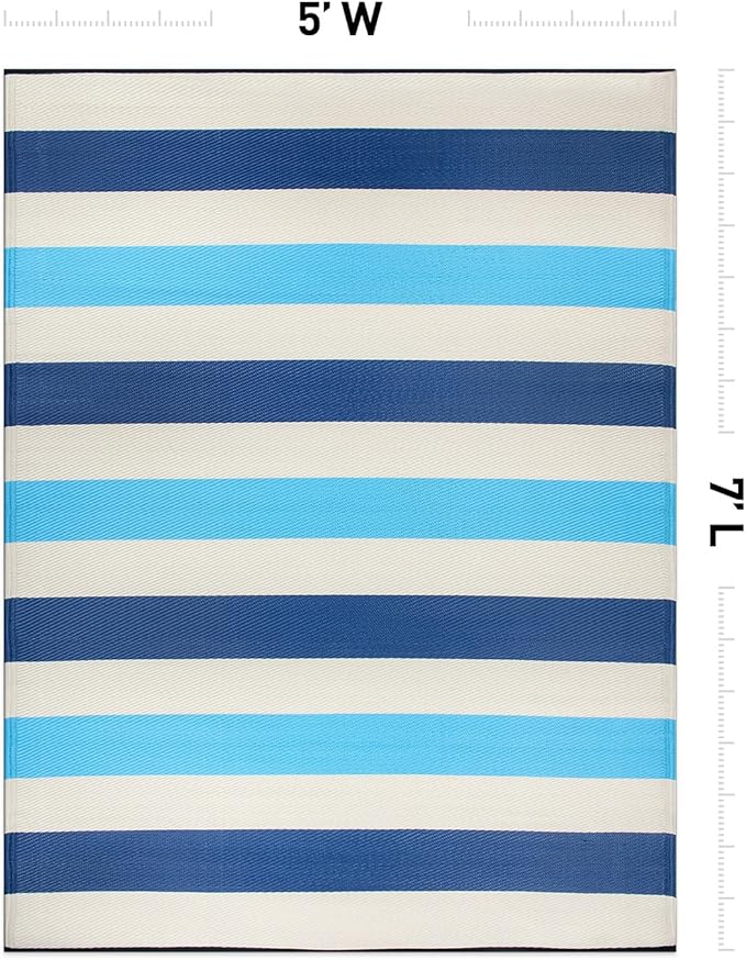 Rugshop Contemporary Stripe Reversible Crease-Free Waterproof Premium Recycled Plastic Outdoor Rugs for Patio,Backyard,RV,Deck,Picnic,Trailer,Beach,Camping,Sunroom Blue 5' x 7'