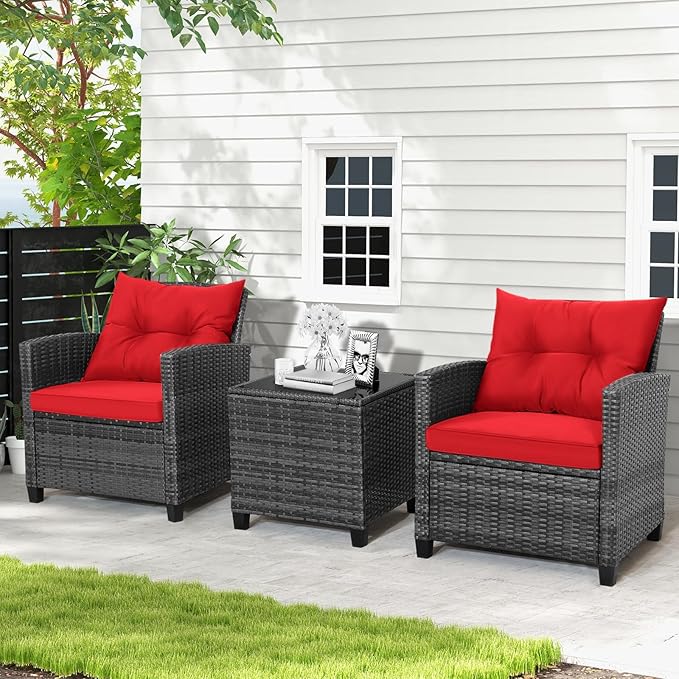 HAPPYGRILL 3 Pieces Patio Conversation Set, Outdoor Furniture Set PE Rattan Sofa Set with Removable Cushions, PE Wicker Chairs with Tempered Glass Side Table for Porch Lawn Garden Balcony Backyard