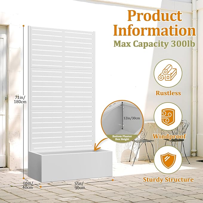 Metal Planter Box with Trellis, Heavy-Duty Raised Garden Bed for Climbing Plants, Drainage Hole, Outdoor Planter Box with Privacy Screen，35''L×16''W×71''H