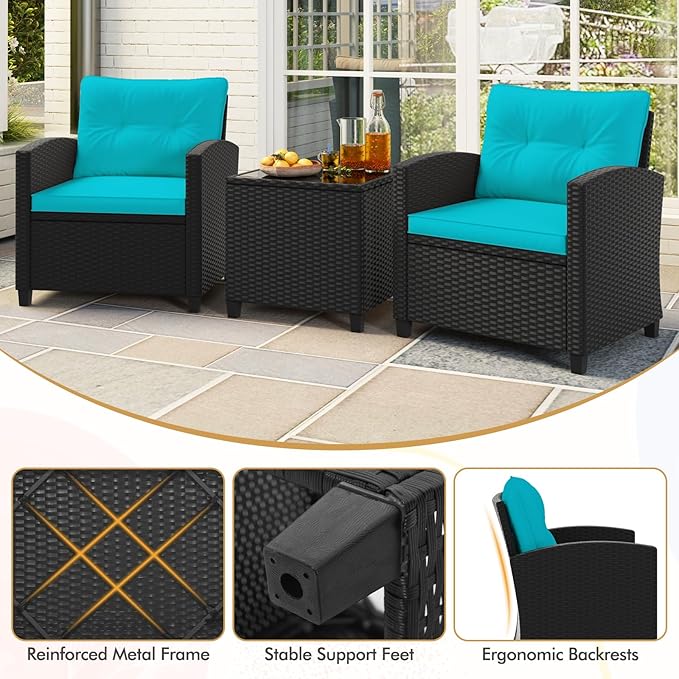 HAPPYGRILL 3 Pieces Wicker Patio Conversation Set, PE Rattan Bistro Sofa Set with Tempered Glass Coffee Table, Washable Cushions, Outdoor Furniture Set for Garden Poolside Balcony (Turquoise)