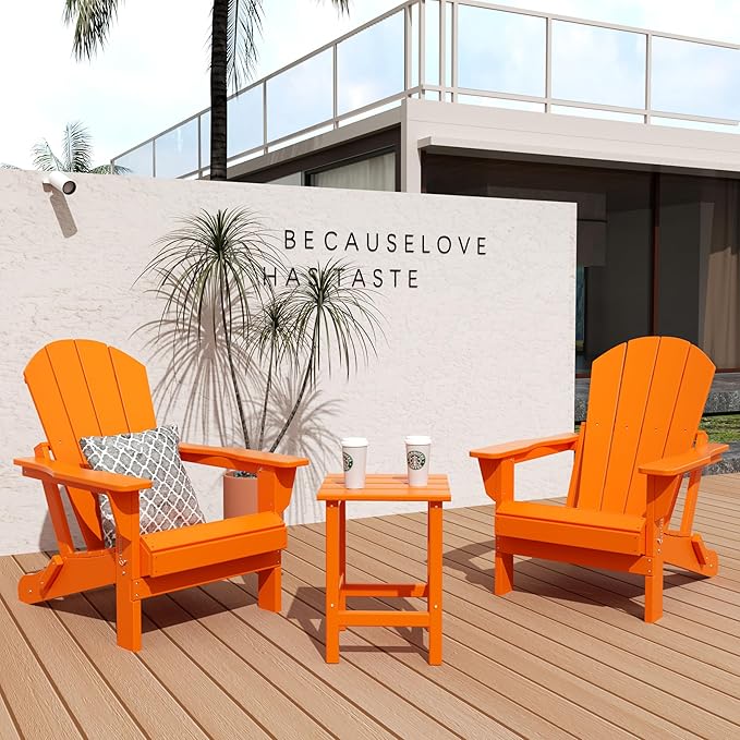 WO Home Furniture Adirondack Chair Table Set of 2 PCS Outdoor Folding Chair w Side Table Weather/UV Resistant for Lawn, Garden, Bon Fire, Balcony (Orange)