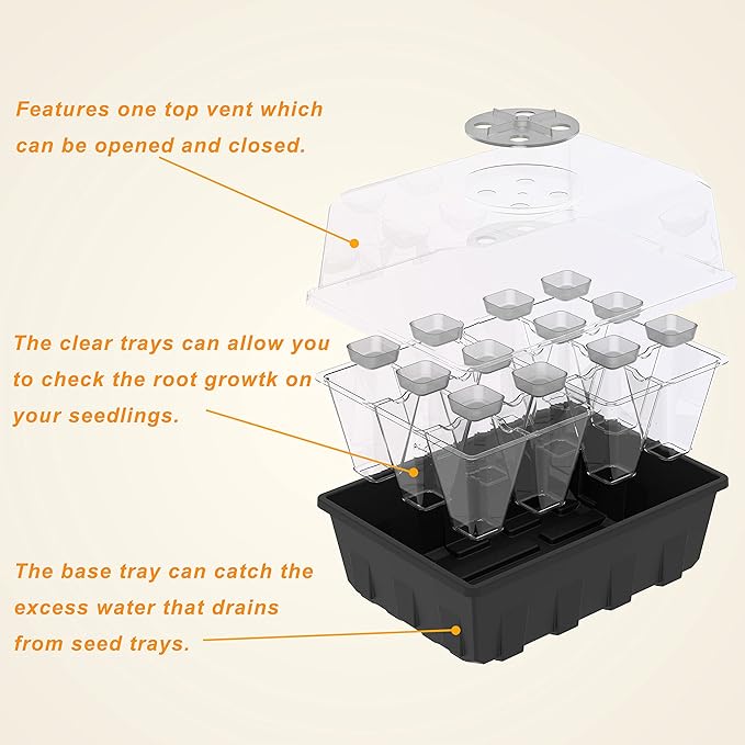 Gardzen 10 Pack Push-Up Seed Starting Tray, Pop Up Plant Germination Trays, Seed Starter Kit with Adjustable Humidity Vented Dome, 6.6" x 4.5", Total 120-Cell, Clear