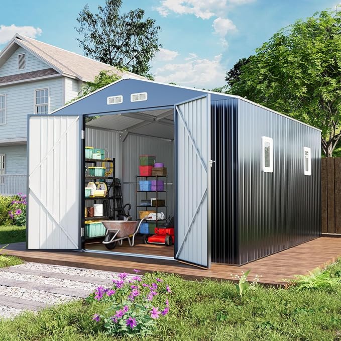 Metal Shed 10x10 Sheds Outdoor Storage, Natural Lighting Tool Sheds with Translucent Roof Panels, Windows, and Lockable Doors, Ideal for Garden, Backyard, and Patio