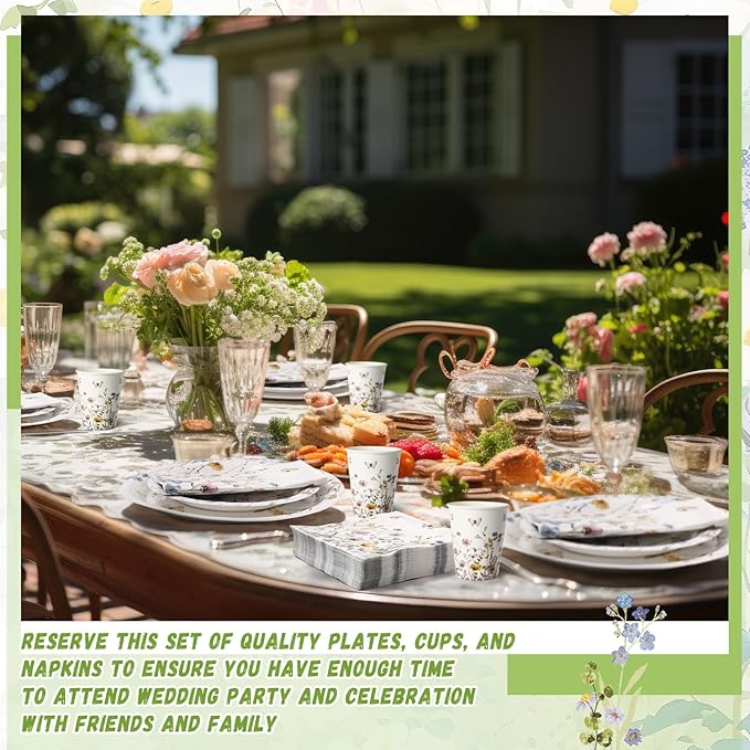 250 Pcs Wildflower Party Decorations Include Spring Summer Floral Paper Plates Napkins and Cups for Wildflower Baby Shower Tea Decorations, Serve 50 Guest(Light Color,Elegant Style)