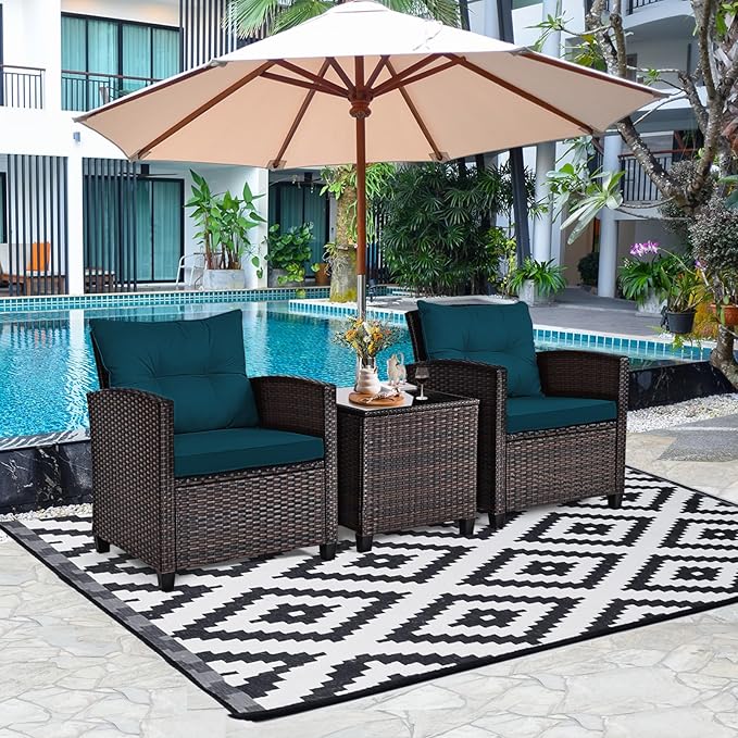 HAPPYGRILL 3 Pieces Patio Conversation Set, Outdoor Furniture Set PE Rattan Sofa Set with Removable Cushions, PE Wicker Chairs with Tempered Glass Side Table for Porch Lawn Garden Balcony Backyard