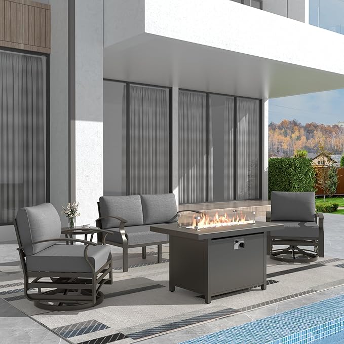 Kurapika Aluminum Patio Furniture Set 4-Seat Modern Metal Outdoor Conversation Sets w/45in Propane Fire Pit Table, Loveseat Sofa,Swivel Rocking Chairs w/5.1 Inch Cushion, Grey