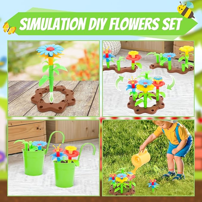 deAO Kids Gardening Set Arts and Crafts for Kids Paint Garden Tools DIY Flower Building Toys with Shovel, Trowel, Rake, Water Can,Gloves,Tote Bag,Apron,Painting Accessories,Outdoor Gift for Boys Girls
