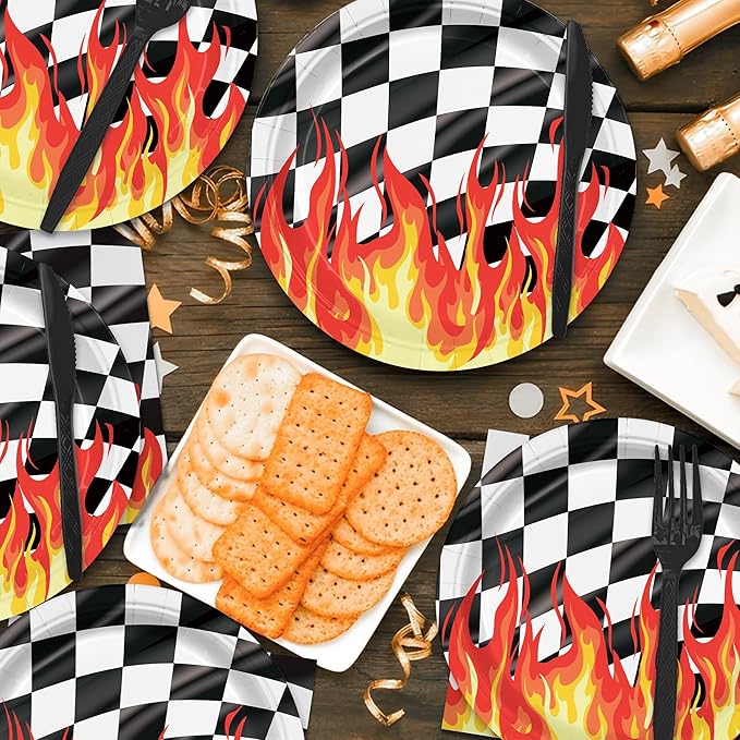 96PCS Flame Racing Party Supplies for Kids Boys Black Checkered Flag Plates and Napkins for Birthday Party Decorations Motorcycle Themed Baby Shower Paper Plates Tableware 24 Guests