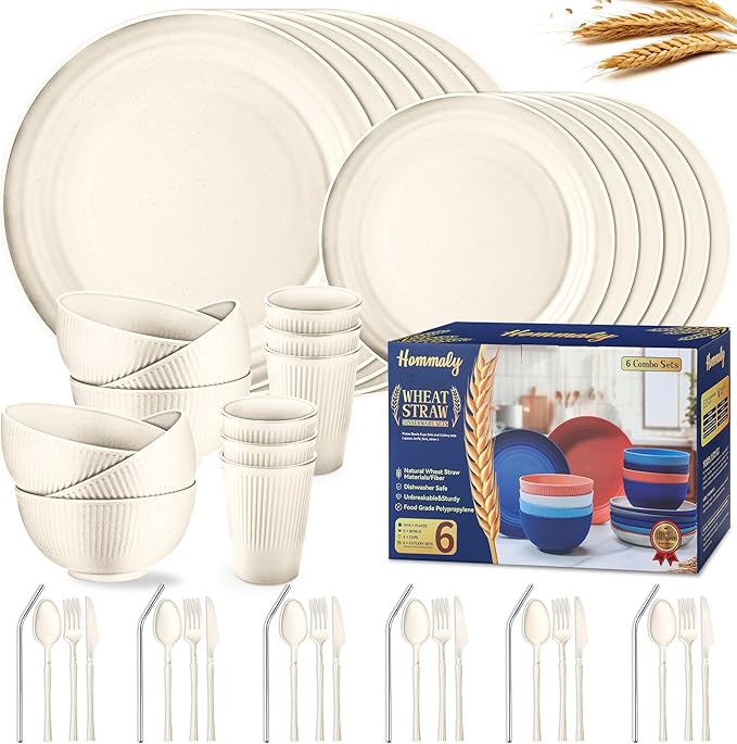 Wheat Straw Dinnerware Sets,48-Piece Beige Plates and Bowls Sets for 6-Unbreakable,Reusable Plastic Dish Set-Dinner Plate/Dessert Plate/Cereal Bowl/Cup/Utensils-Microwavable Dishwasher Safe 48P-Beige