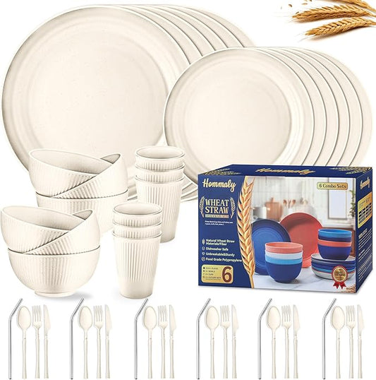 Wheat Straw Dinnerware Sets,48-Piece Beige Plates and Bowls Sets for 6-Unbreakable,Reusable Plastic Dish Set-Dinner Plate/Dessert Plate/Cereal Bowl/Cup/Utensils-Microwavable Dishwasher Safe 48P-Beige