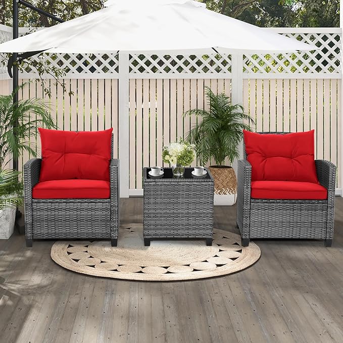 HAPPYGRILL 3 Pieces Patio Conversation Set, Outdoor Furniture Set PE Rattan Sofa Set with Removable Cushions, PE Wicker Chairs with Tempered Glass Side Table for Porch Lawn Garden Balcony Backyard