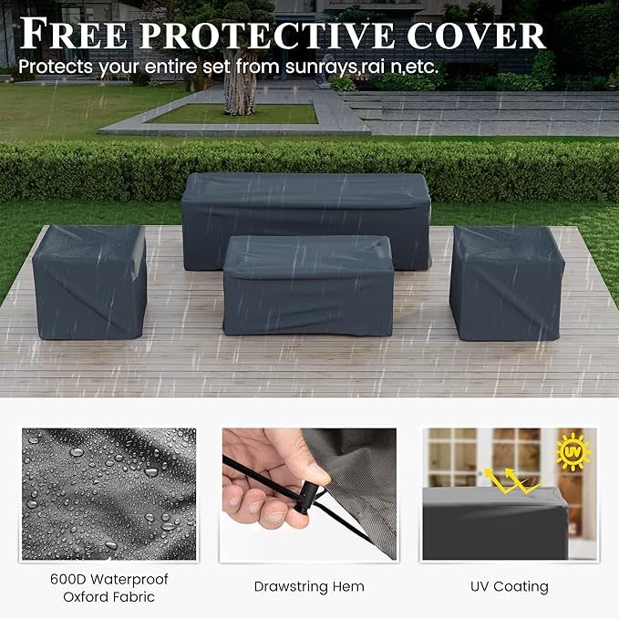 Patio Furniture Set with Fire Pit Table, Aluminum Patio Furniture Set,Grey and Blue Outdoor Metal Sectional Sofa with Aluminum Fire Pit Table for Garden Backyard (Include Waterproof Cover)