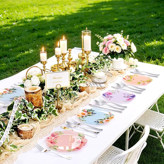60Pcs Floral Plastic Plates - 7.5inch Dessert Plate Disposable - Heavy Duty Tea Party Plates - Premium Flower Plate Decorations for Birthday Baby Shower Wedding Party Supplies
