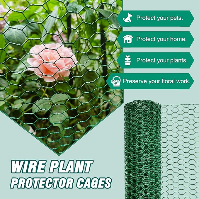 32.8FT x16Inch Plant Protectors from Animals - Wire Plant Protector Cages for Outdoor Plants, Free-Cut Metal Mesh Plant Covers Guards Fence, Chicken Wire Cloche with Ground Stakes,Zip Ties