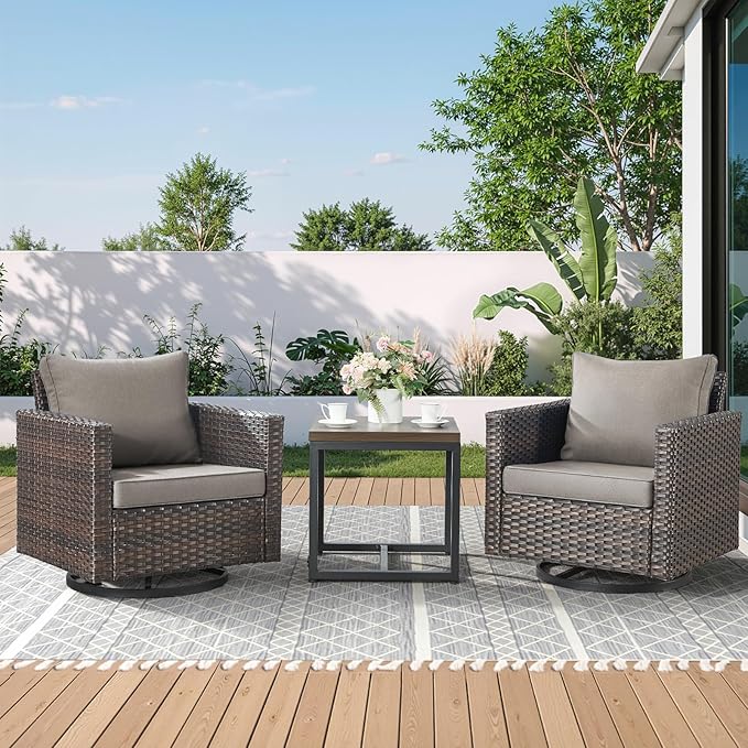 Outdoor Swivel Rocker Patio Chairs-3 Pieces Wicker Swivel Patio Chairs Set of 2 with Matching Side Table, Thick Cushions High Back Outdoor Furniture Set for Deck Porch Balcony(Brown/Grey)