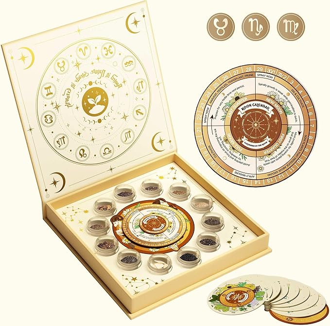 LUSH&DEW Gardening Gift for Women Men, Zodiac Garden Seed Bank, 12 Types Non-GMO Heirloom Vegetable Seeds in Seed Container, Moon Calendar, Witchcraft Magnetic Gift, Earth Signs Taurus Virgo Capricorn