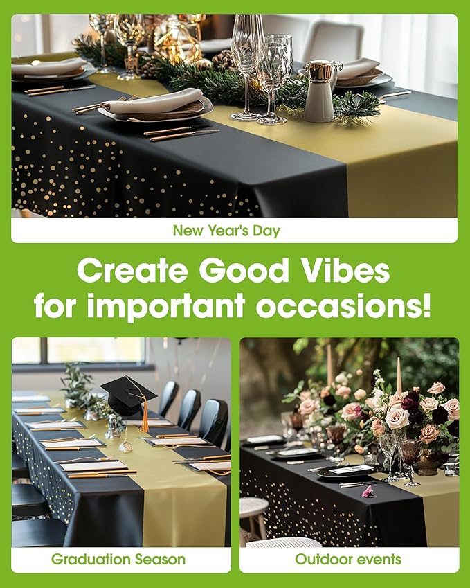 Pureegg Plastic Table Cloth Disposable 8 Pack, 54 x 108 Inch, Table Runner Style, Graduation Decorations 2025, Party Tablecloths, Rectangle, Plastic Cover, Leakproof & Sturdy, Black Gold