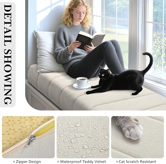 Wenqik Bench Cushion 42x16x4 Inch for Indoor Outdoor Furniture Tufted Thicken Bay Window Seat Cushion Non Slip Waterproof Dining Piano Bench Pad Pillow Anti Cat Scratch for Patio Porch Swing, Beige