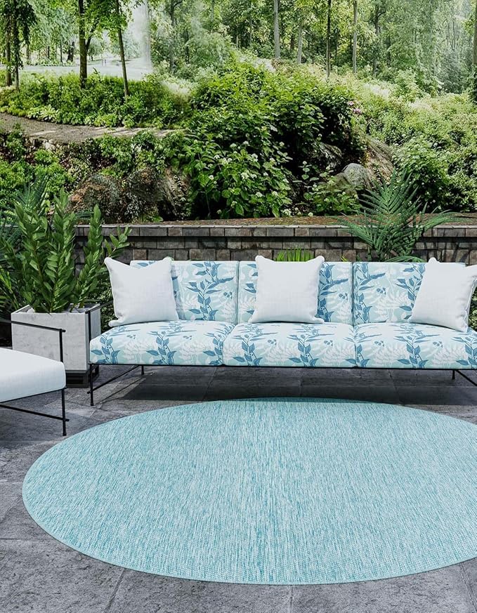 Unique Loom Collection Casual Transitional Solid Heathered Indoor/Outdoor Flatweave Area Rug (10' 8" Round, Aquamarine/Ivory)