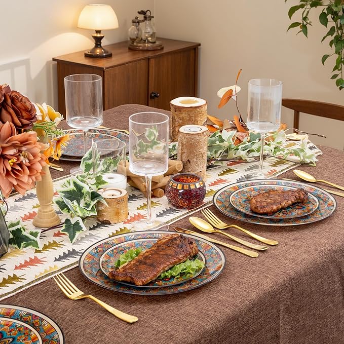 60PCS Bohemian Plastic Plates - Boho Plate Disposable - Vintage Bohemian Style Plate Include 30 Dinner and 30 Dessert Plates for Kitchen Party Decorative