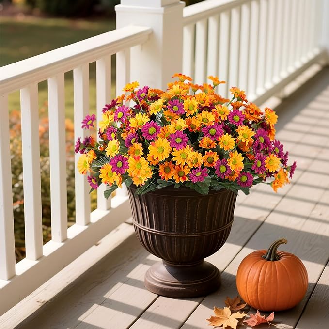 Fake Mums Fall Artificial Flowers for Outdoor Decoration, 6 Bundles Faux Silk Daisy Flowers Realistic UV Resistant No Fade Fall Fake Plants for Home Patio Porch Garden Window Box Decor(Purple Orange)