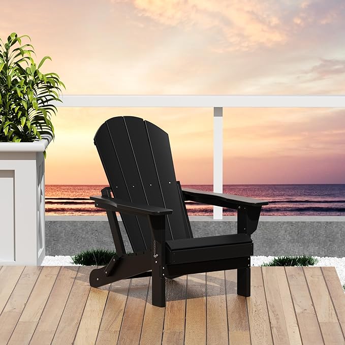 Westin Outdoors Laguna WO Home Outdoor Adirondack Folding Chair Lounger Seat Traditional Retro Home Furniture for Beach, Balcony, Backyard, Lawn, Patio, Pool, Deck, Garden (Black)